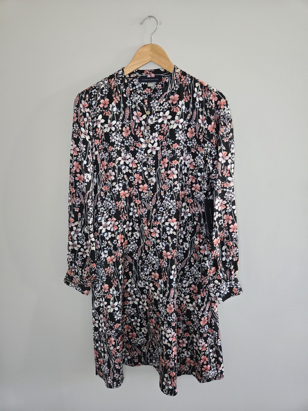 Tommy Hilfiger black floral long sleeve shirt dress, pink + white blooms, NWT